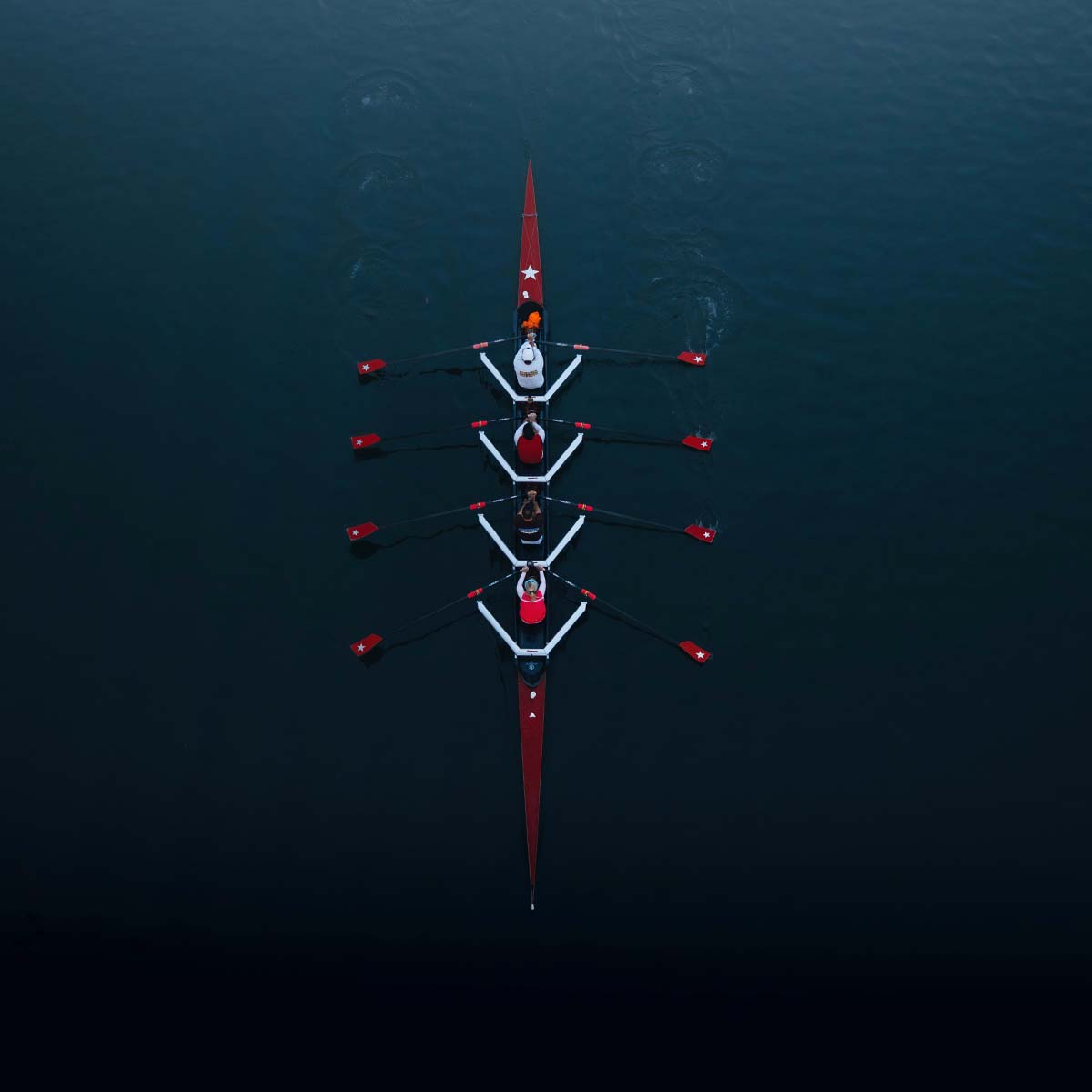 Vier Ruderer sitzen in einem Boot und rudern synchron auf dem Wasser.