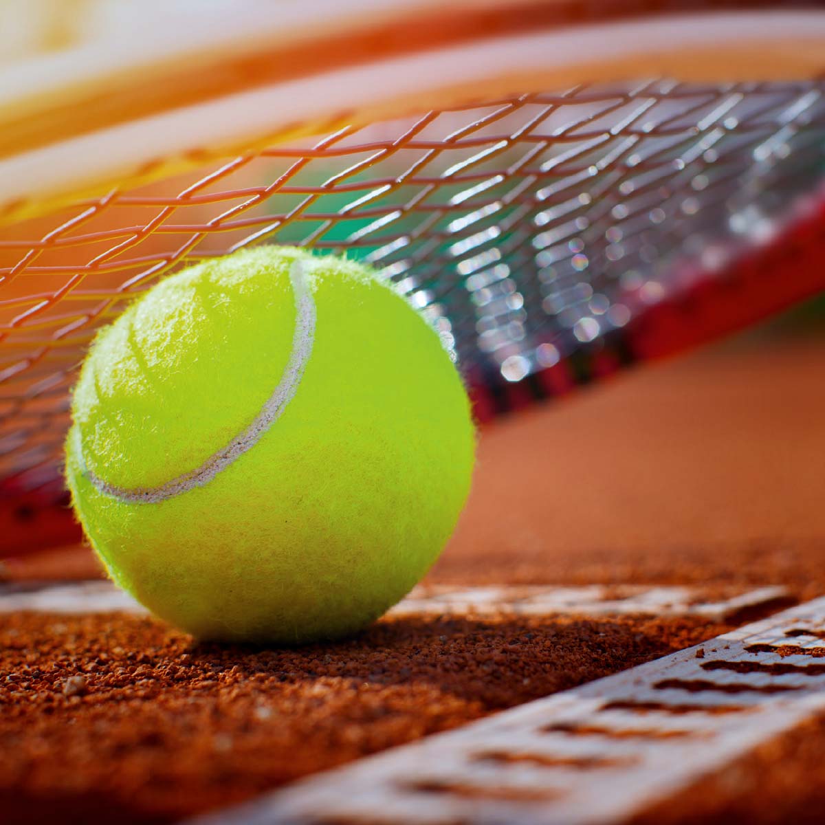 Ein Tennisball und ein Schläger liegen auf einem Tennisplatz.